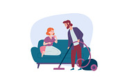 Woman sitting on sofa, man vacuuming