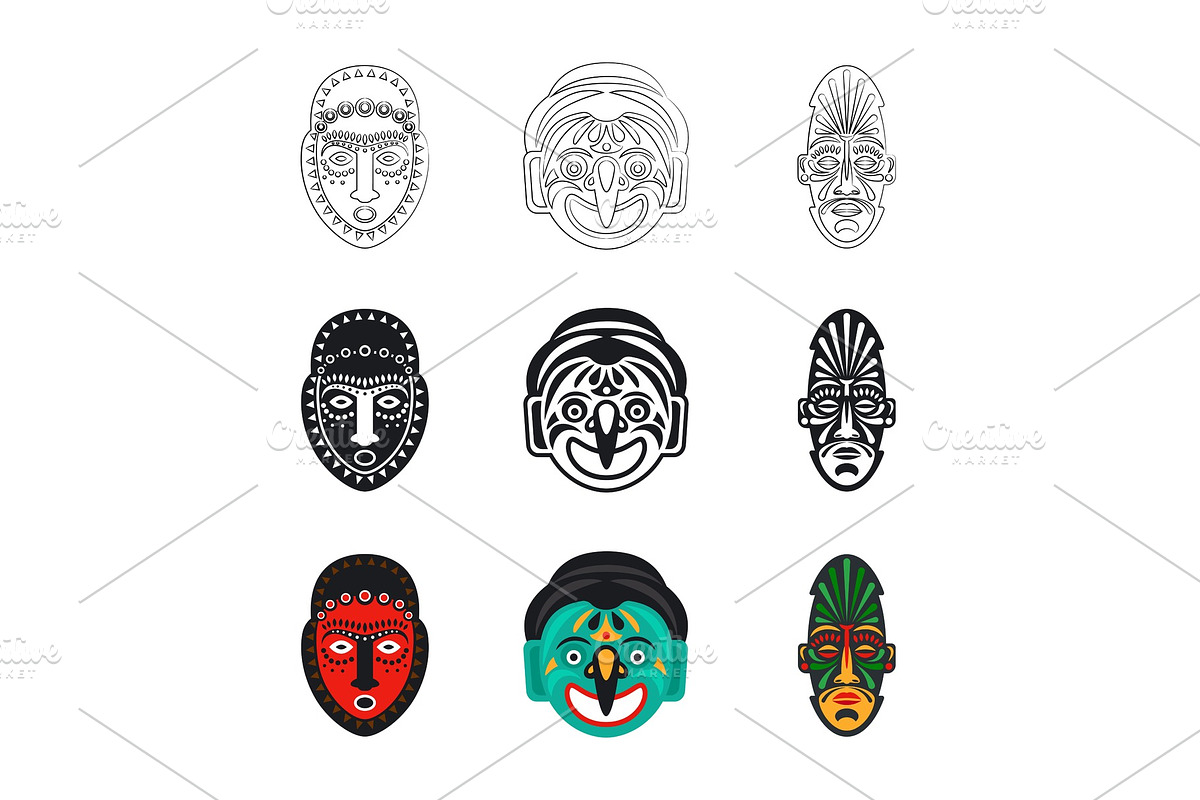 Set of tribal african mask icons in Graphics - product preview 8