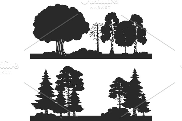 Black vector forest trees of set