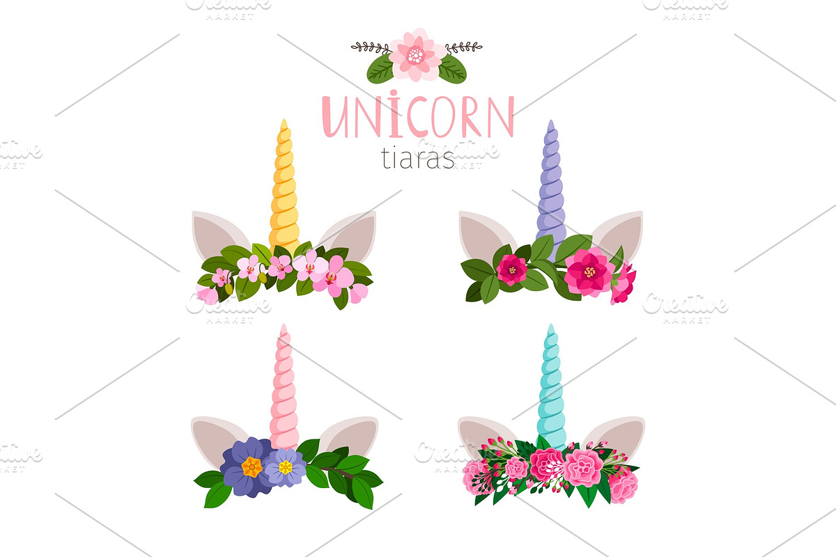 Unicorn tiaras with colored flowers in Graphics - product preview 8
