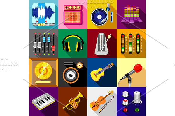 Recording studio symbols icons set