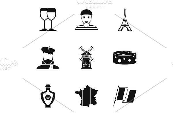 Stay in France icons set, simple