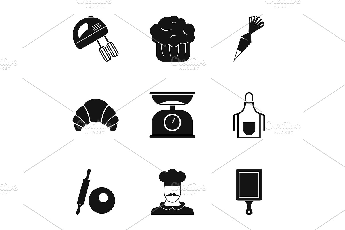 Sweet pastries icons set, simple in Objects - product preview 8