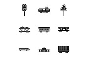 Railway transport icons set, simple