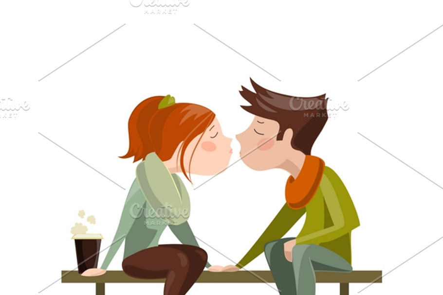 Young couple kissing on bench in Illustrations - product preview 8