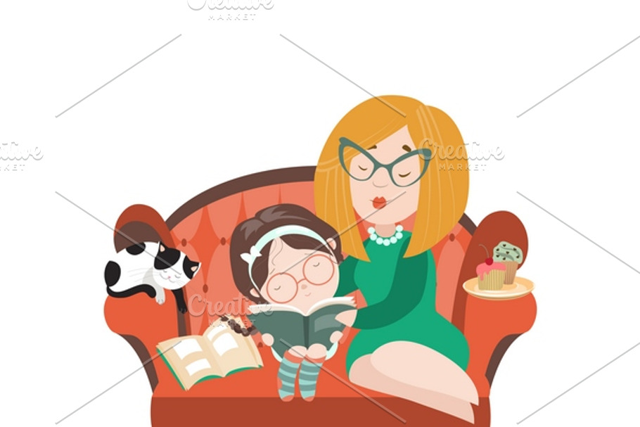 Mother reading book to her daughter in Illustrations - product preview 8