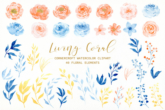 Watercolor Living Coral Flowers in Illustrations - product preview 1