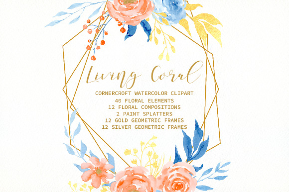 Watercolor Living Coral Flowers in Illustrations - product preview 2