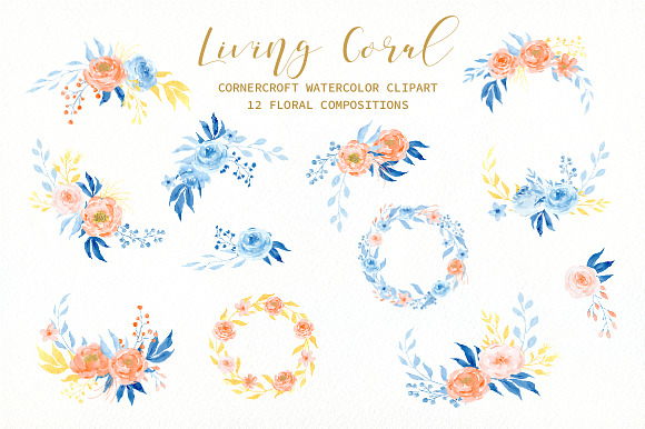 Watercolor Living Coral Flowers in Illustrations - product preview 3