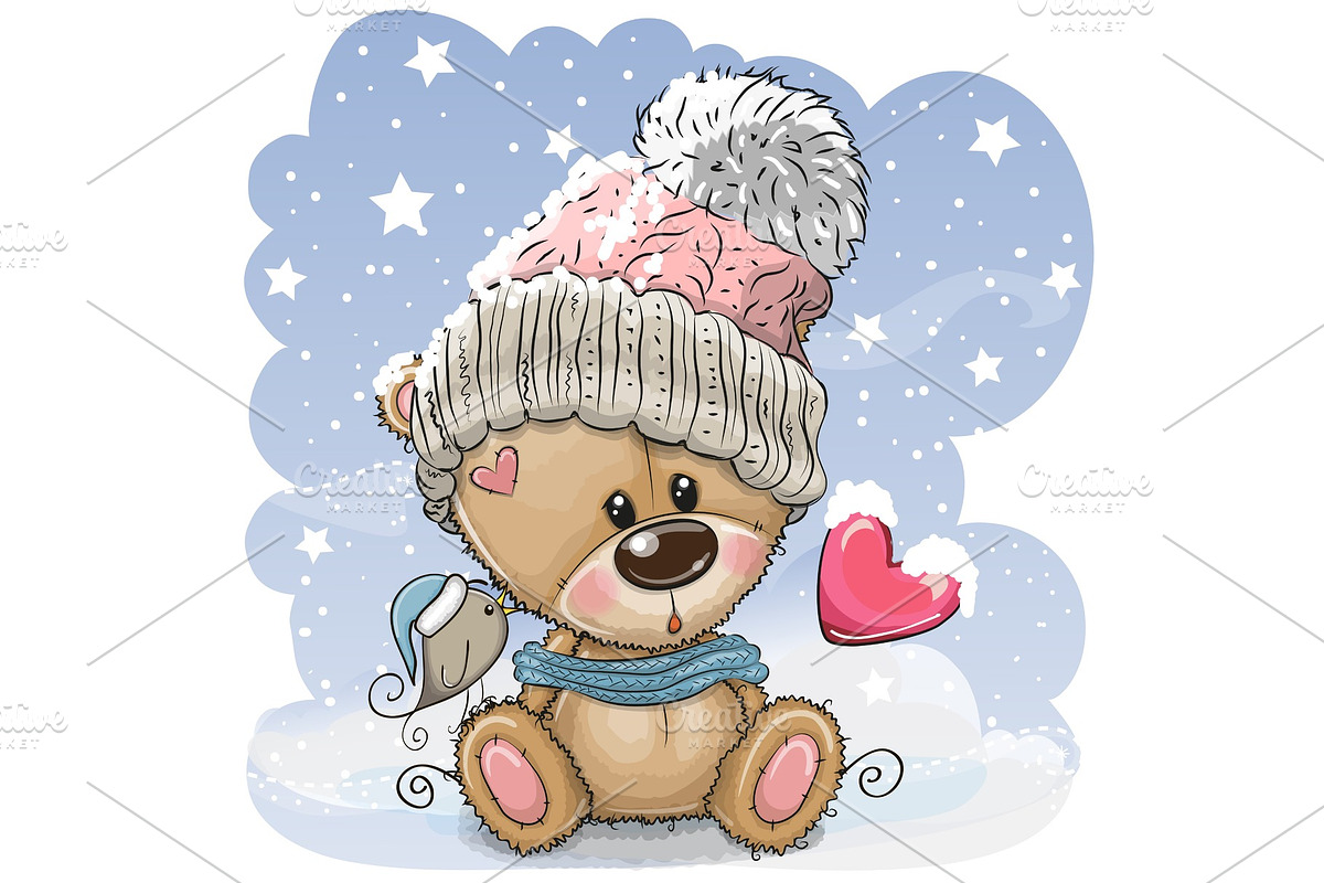 Teddy bear sits on a snow in Illustrations - product preview 8