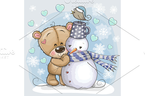 Cartoon Teddy Bear and a Snowman