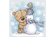 Cartoon Teddy Bear and a Snowman