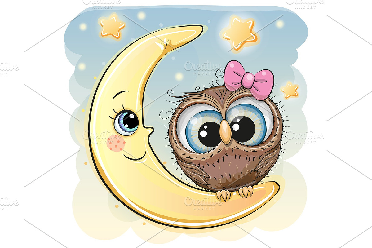 Cute Cartoon Owl girl on the moon in Illustrations - product preview 8
