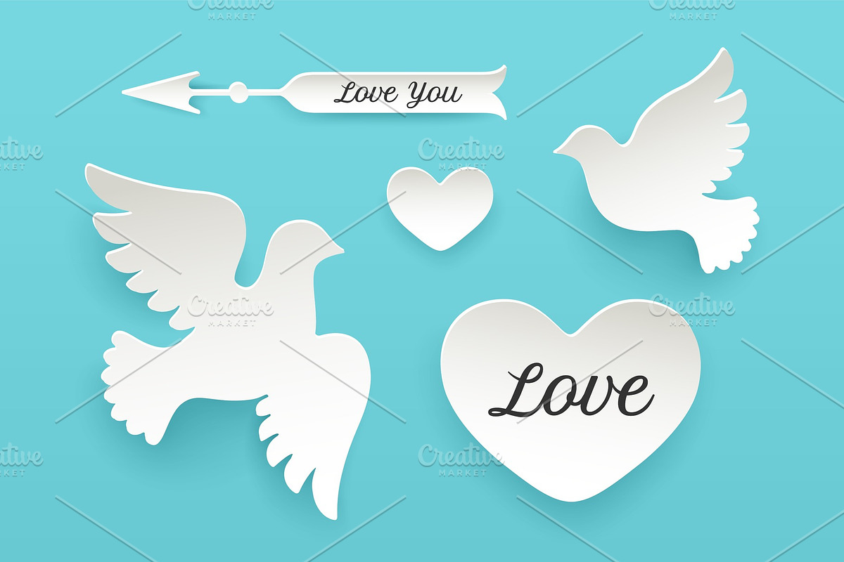 Set of paper objects, heart, pigeon in Illustrations - product preview 8