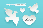 Set of paper objects, heart, pigeon