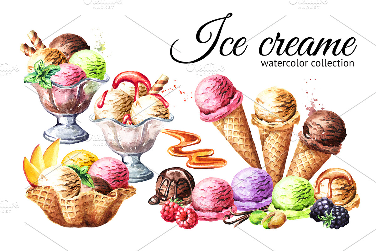Ice cream. Watercolor collection in Illustrations - product preview 8