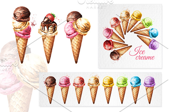Ice cream. Watercolor collection in Illustrations - product preview 2
