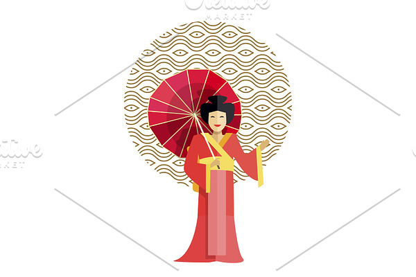 Geisha in Kimono with Umbrella