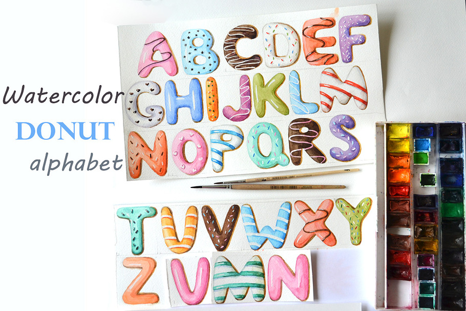 Watercolor donut alphabet. in Illustrations - product preview 8