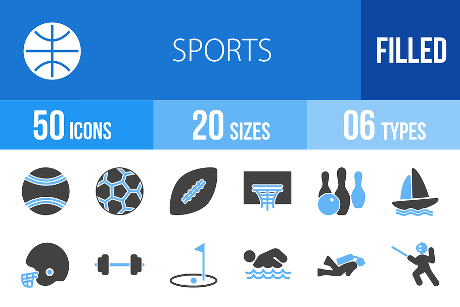 50 Sports Blue & Black Icons