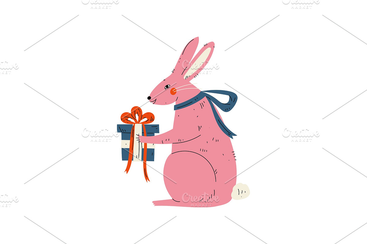 Lovely Pink Bunny Sitting with Gift in Illustrations - product preview 8