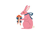 Lovely Pink Bunny Sitting with Gift