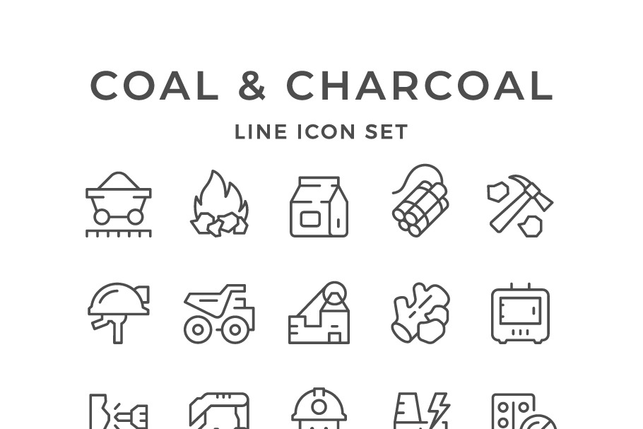 Set line icons of coal and charcoal