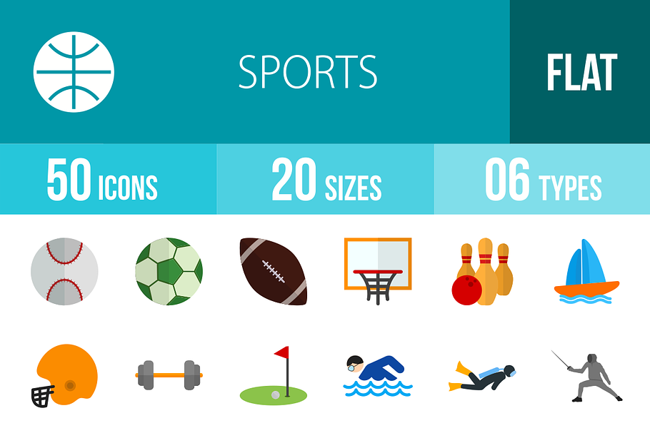 50 Sports Flat Multicolor Icons