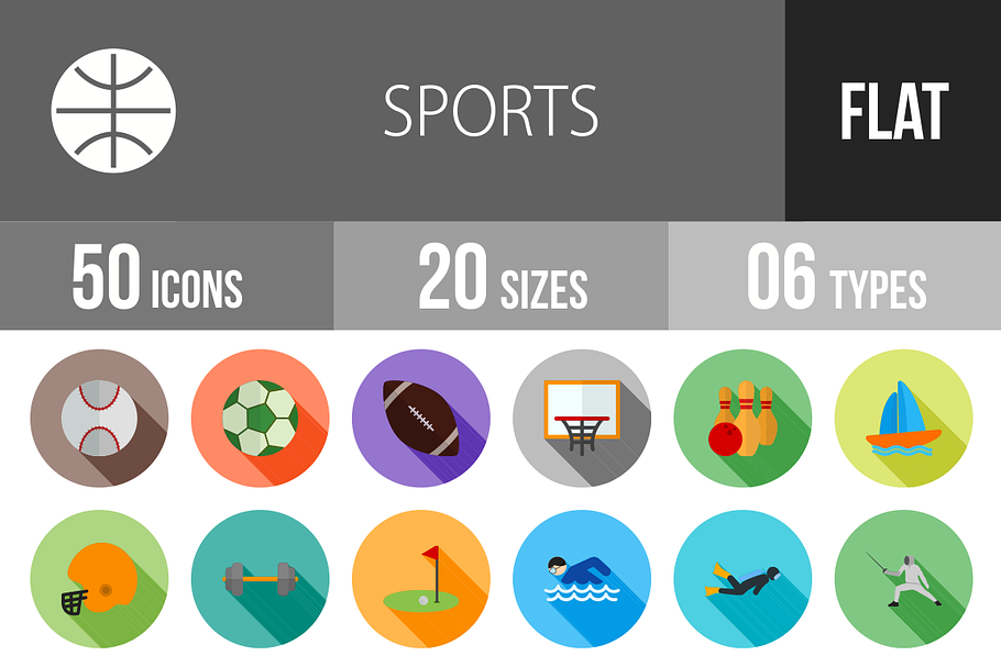 50 Sports Flat Shadowed Icons