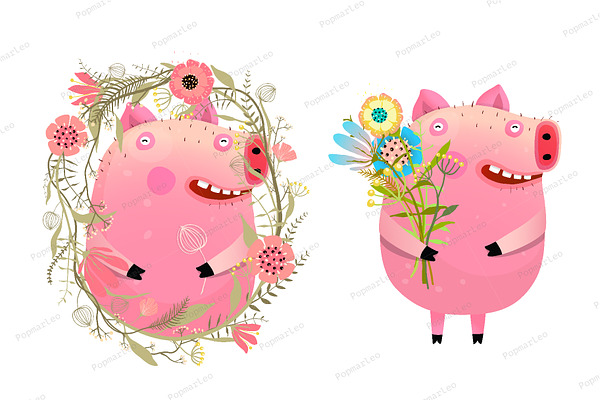 Pig with bouquet of flowers