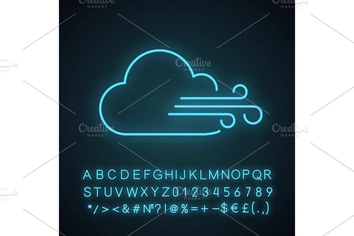 Cloudy windy weather neon light icon in Objects - product preview 8