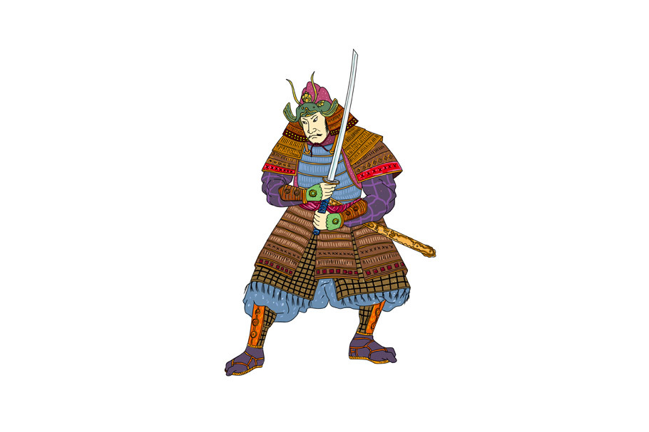 Vintage Samurai Katana Woodblock Pri