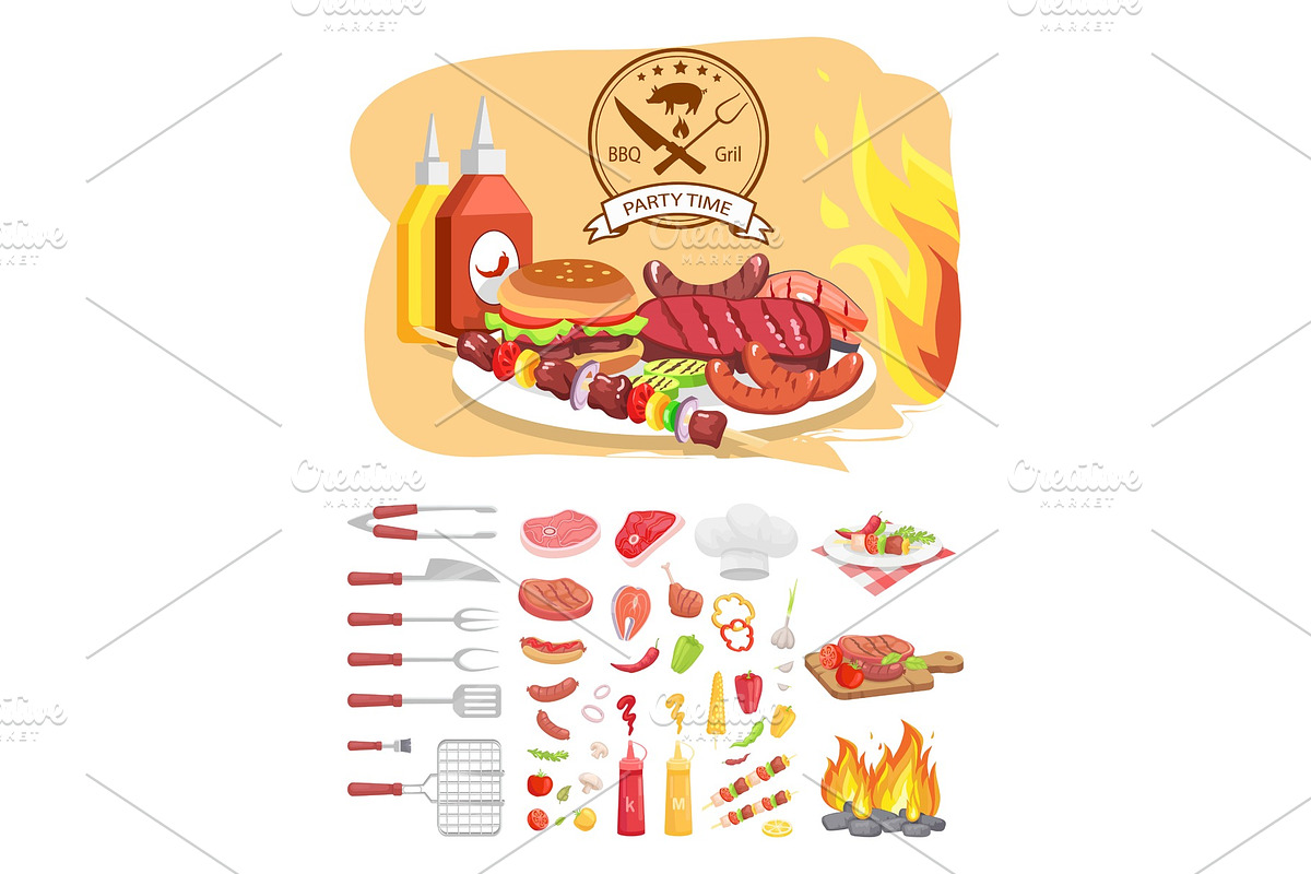 BBQ Grill Party Time Poster Vector in Illustrations - product preview 8