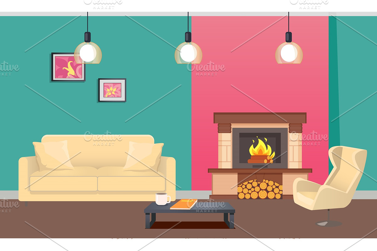 Designer Room with Fireplace and in Illustrations - product preview 8