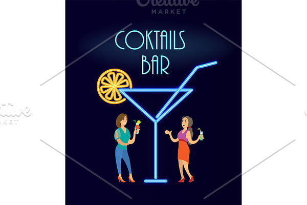 Cocktails Bar Neon, Women in Evening