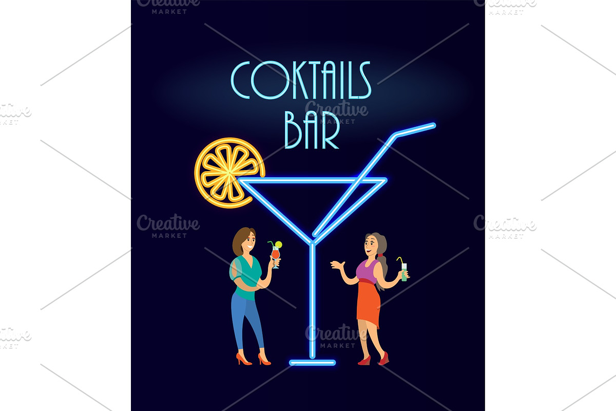 Cocktails Bar Neon, Women in Evening in Illustrations - product preview 8