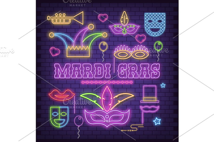 Mardi Gras Neon Icons in Illustrations - product preview 8