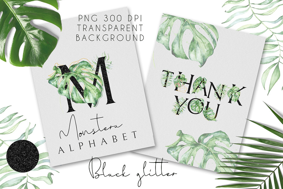 Monstera watercolor Black alphabet in Objects - product preview 8