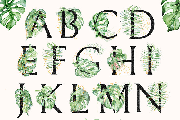Monstera watercolor Black alphabet in Objects - product preview 1