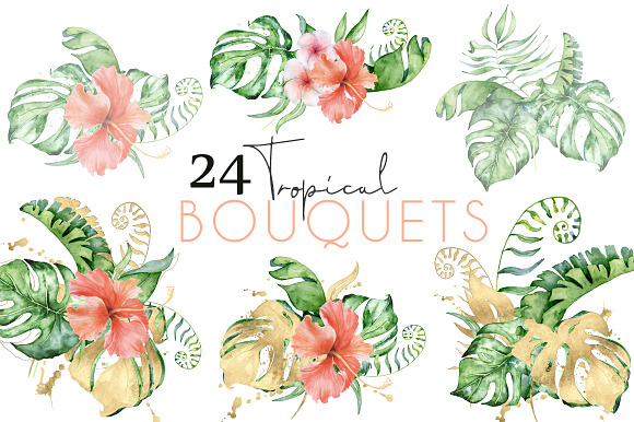 24 Tropical bouquets watercolor in Illustrations - product preview 3