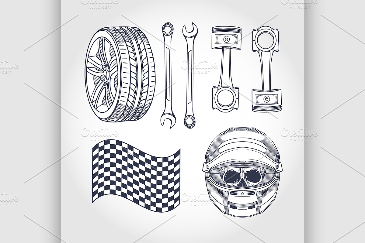 Hand drawn sketch, color racer set in Illustrations - product preview 8