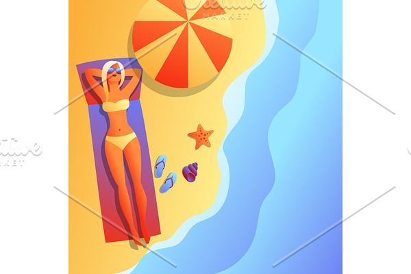 Girl in bikini sunbath and relax.
