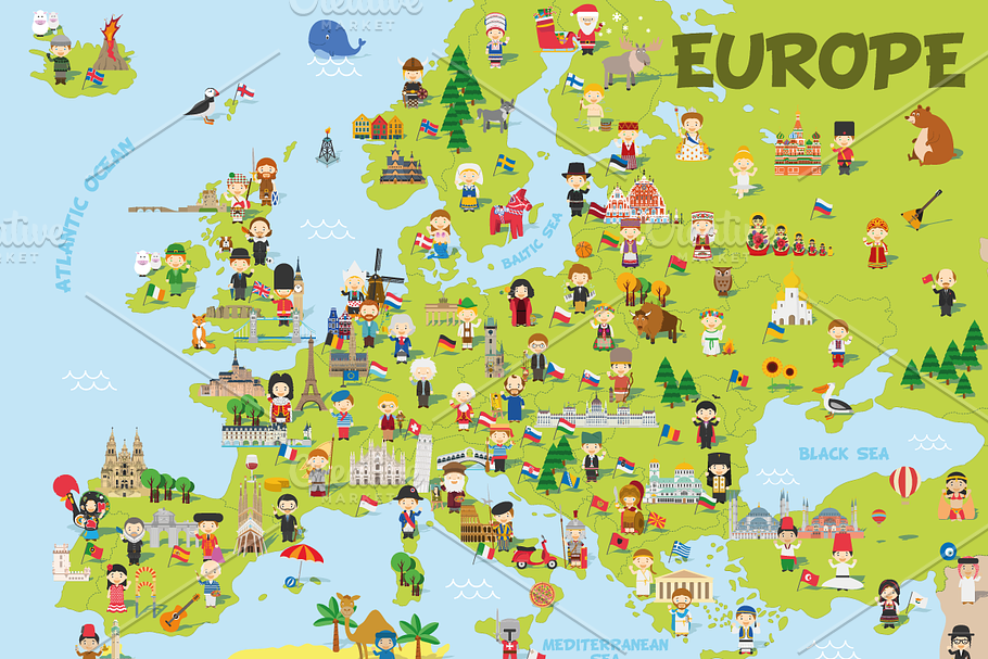 Cartoon map of Europe in Illustrations - product preview 8