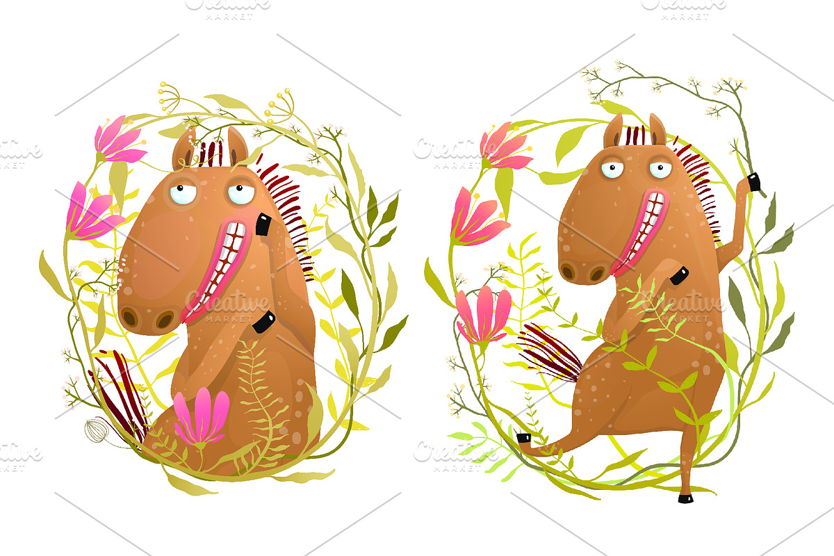 Romantic Horse in flowers wreath in Illustrations - product preview 8