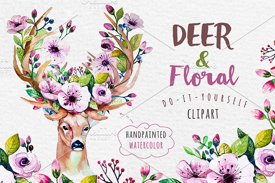 Deer, skull & floral in Illustrations - product preview 8