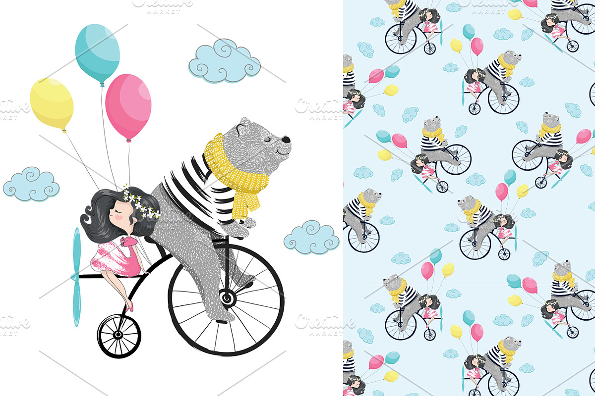 Cute bear and girl art. Bear pattern in Illustrations - product preview 8