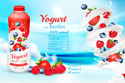 Milk yogurt with berries in bottle
