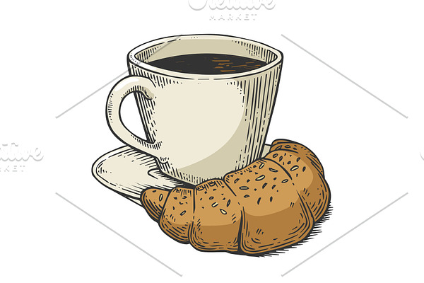 Coffee croissant sketch engraving