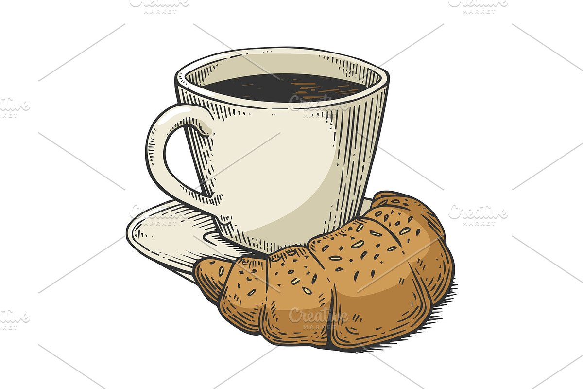 Coffee croissant sketch engraving in Objects - product preview 8