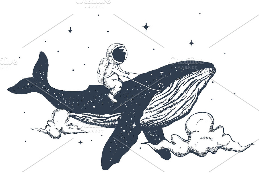 Astronaut and whale in the clouds in Illustrations - product preview 8
